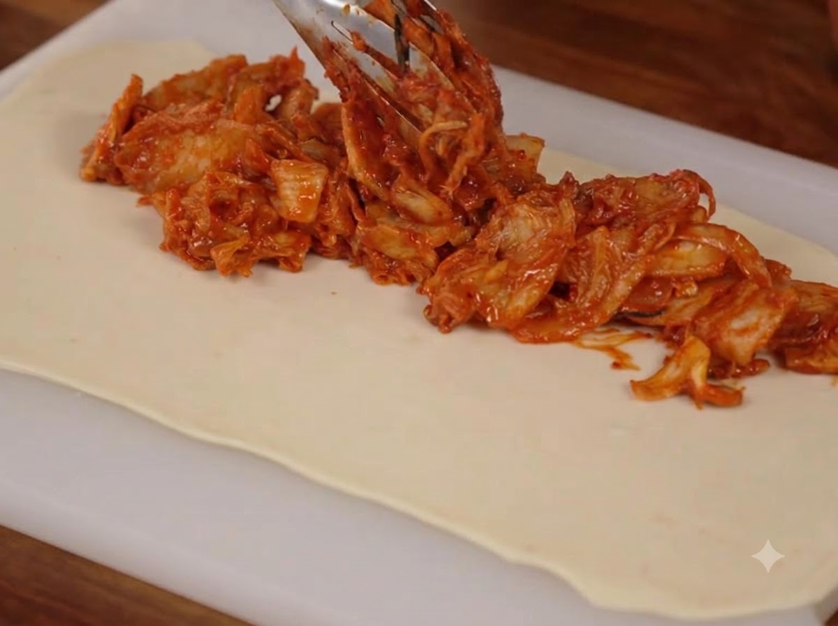 Cooked kimchi and pork filling being spooned onto a rolled-out rectangle sheet of dough on a white cutting board.