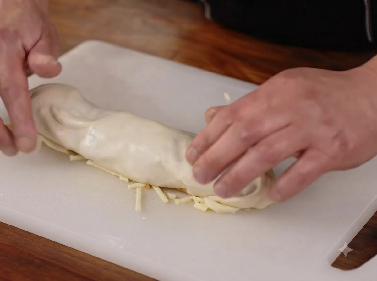 Hands rolling the dough over the filling into a log shape and sealing the edges on a white cutting board.