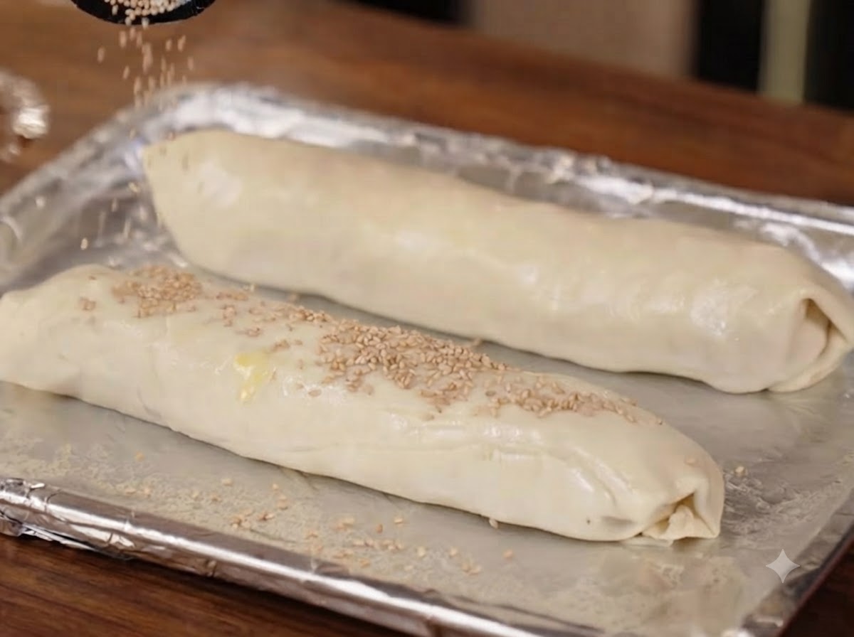 Two rolled dough logs resting on a silver baking sheet with sesame seeds being sprinkled over them.