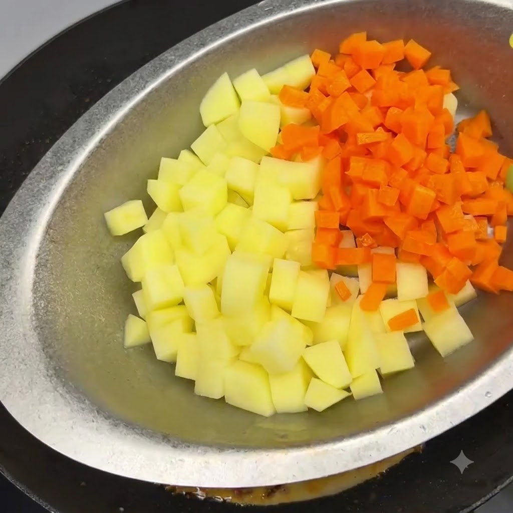 Bowl of freshly cut diced potatoes and carrots being tipped into the cooking pan.