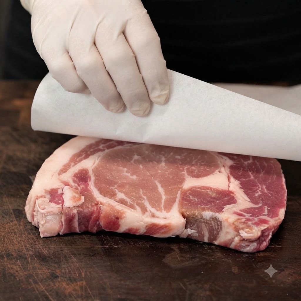 A gloved hand rubbing sea salt and black pepper onto a raw rib eye steak on a wooden cutting board.