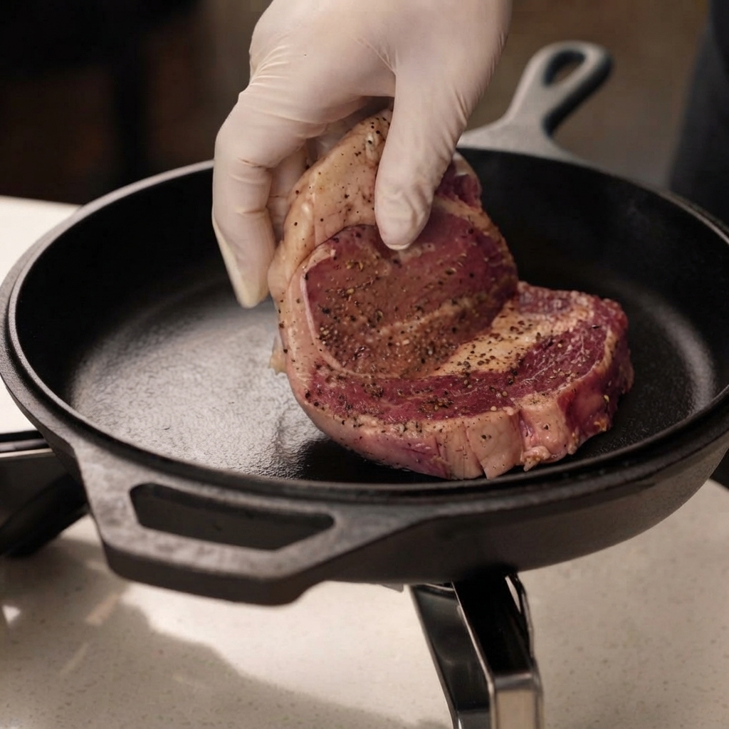 A seasoned rib eye steak being laid into a hot cast iron skillet.