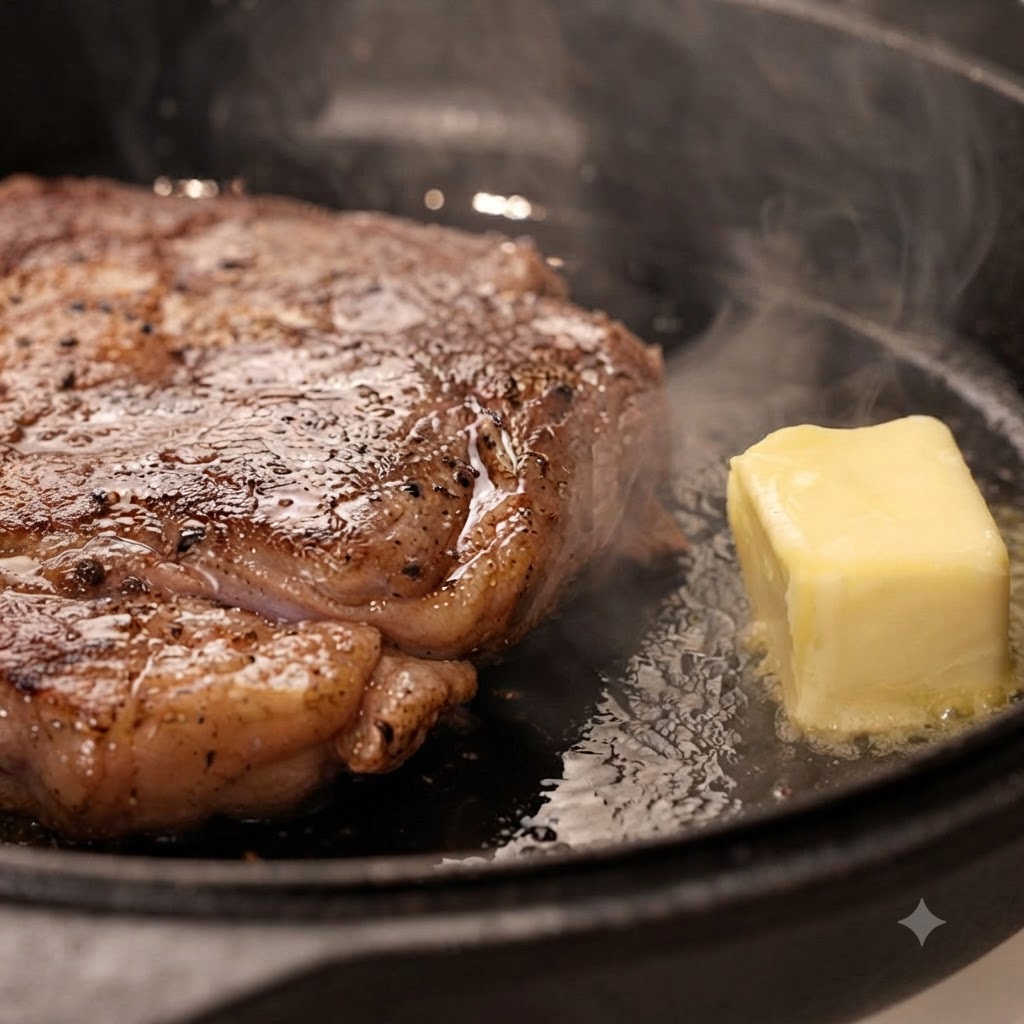 A block of butter, peeled garlic cloves, and a fresh sprig of rosemary cooking next to a sizzling steak in a pan.