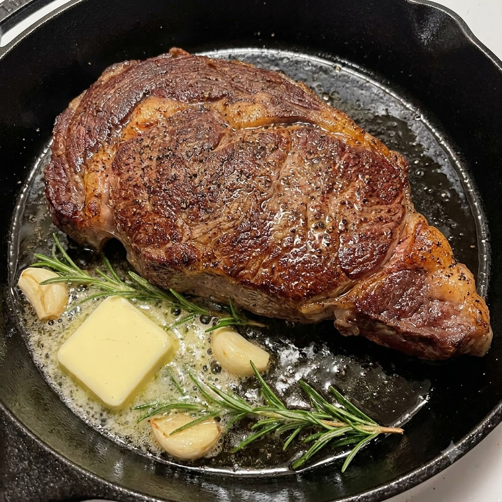 Barbecue sauce being poured from a bottle over a seared steak in a sizzling cast iron pan.