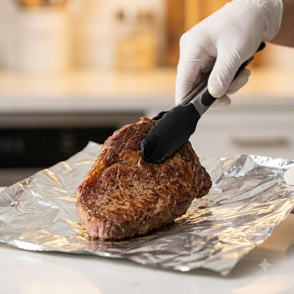 A cooked rib eye steak being lifted with tongs onto aluminum foil.