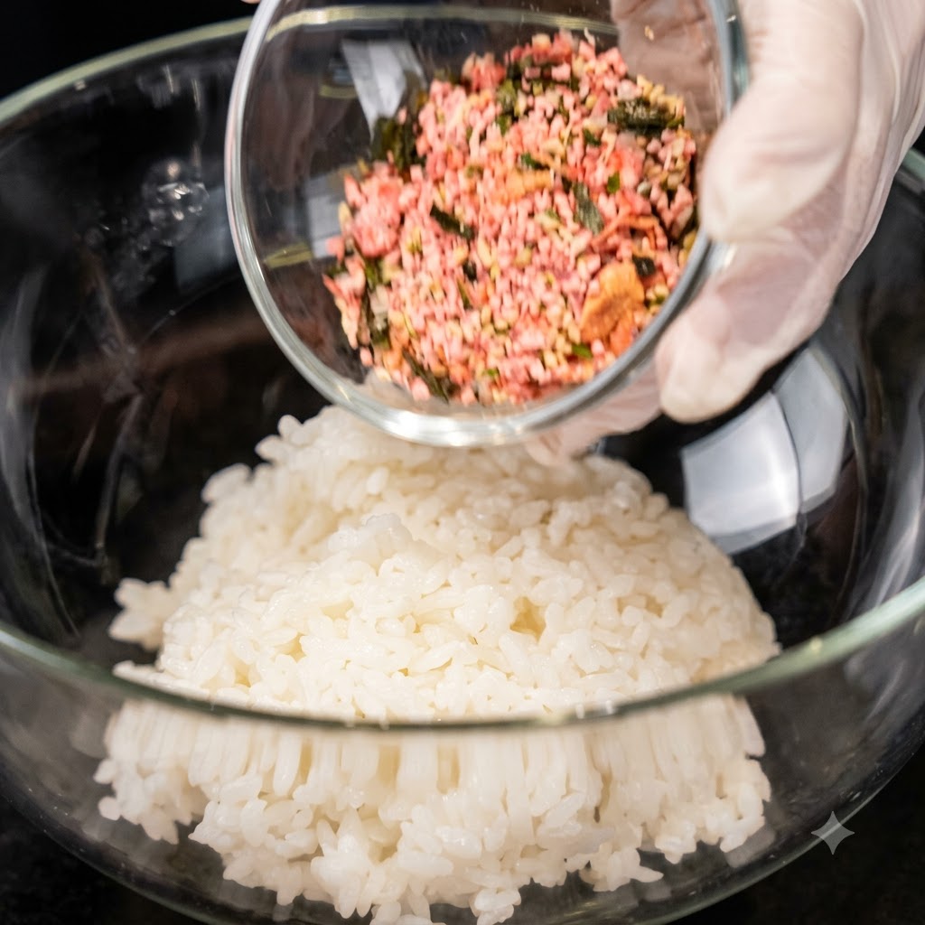 Seaweed flakes being poured from a glass bowl into a bowl of white rice.