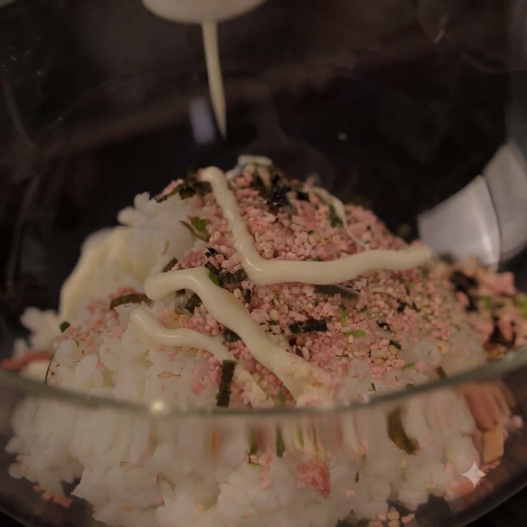 Mayonnaise being applied in a zig-zag motion over seasoned rice in a clear bowl.