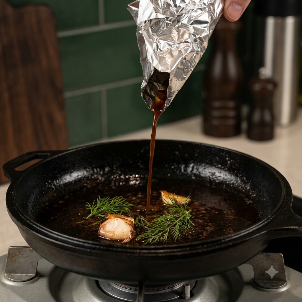 Juices and sauce being poured from a piece of aluminum foil into a hot black cast iron skillet.