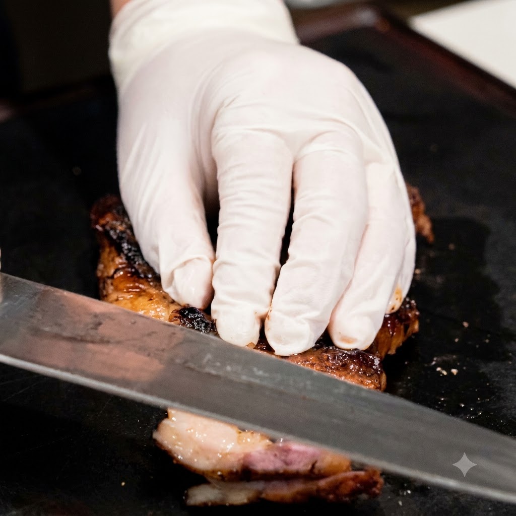 A gloved hand holding a cooked steak steady while slicing it with a sharp chefs knife on a dark board.
