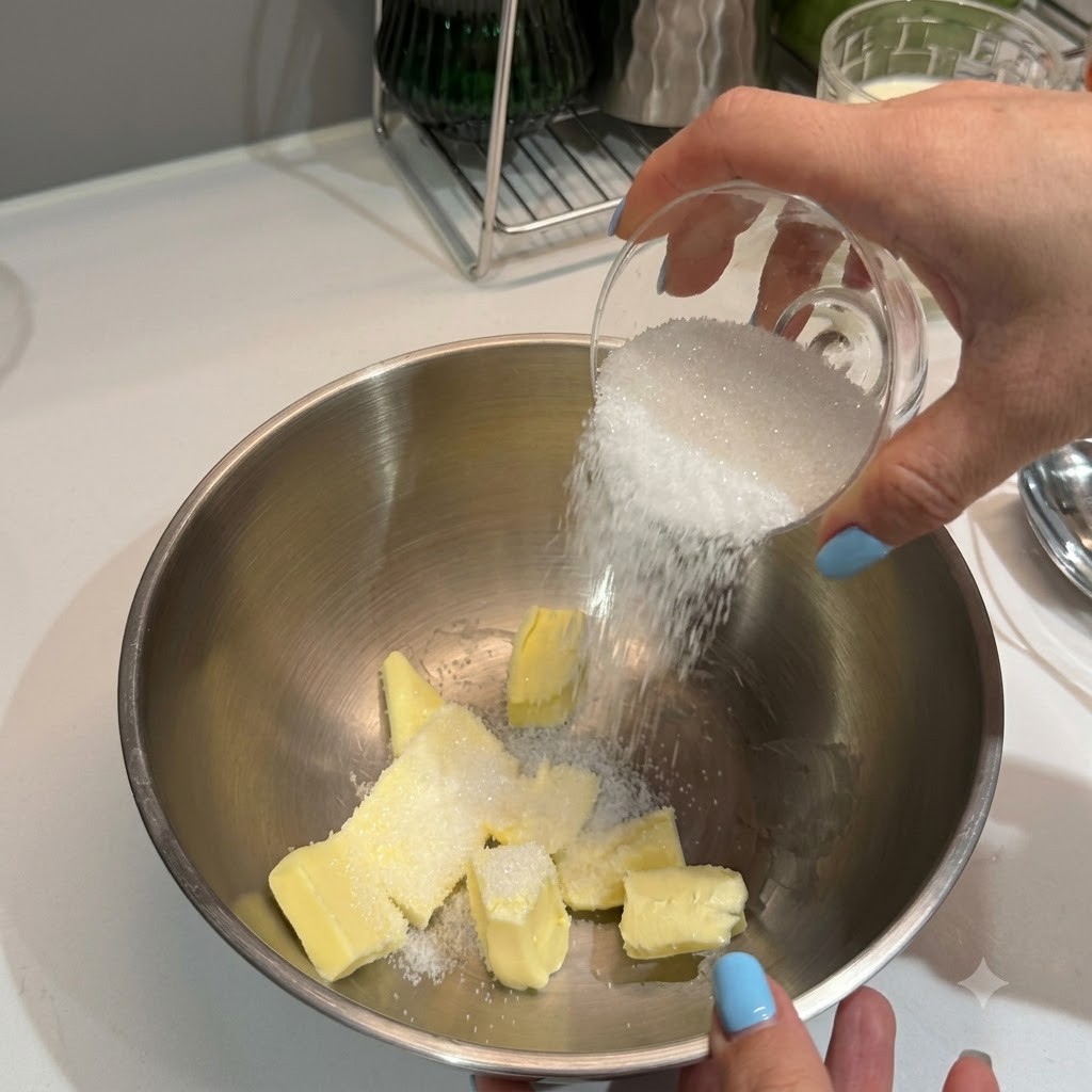 A hand pouring sugar into a metal mixing bowl containing softened butter pieces.