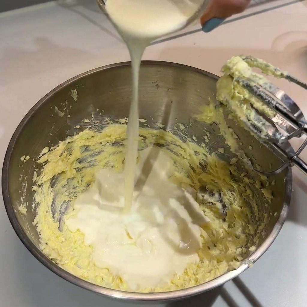 Heavy cream being poured from a small glass container into a metal mixing bowl with whipped butter.