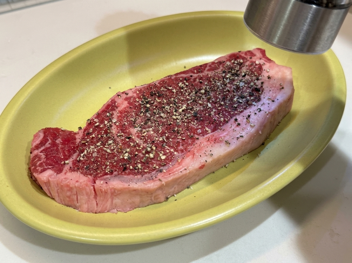 A raw, thick-cut steak in a yellow plate being seasoned with freshly ground black pepper.