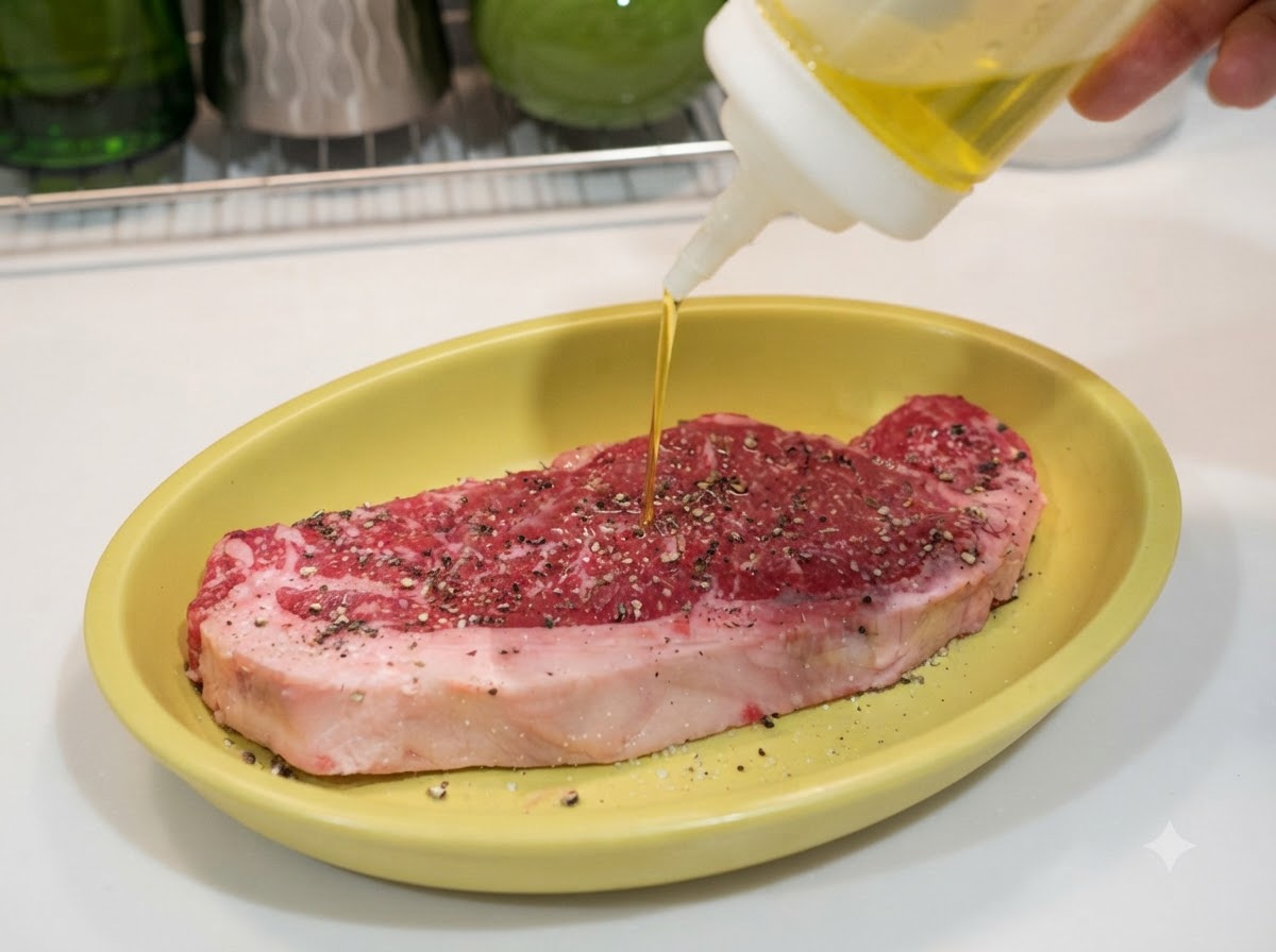 Olive oil being drizzled over a raw steak seasoned with salt and black pepper in a yellow dish.