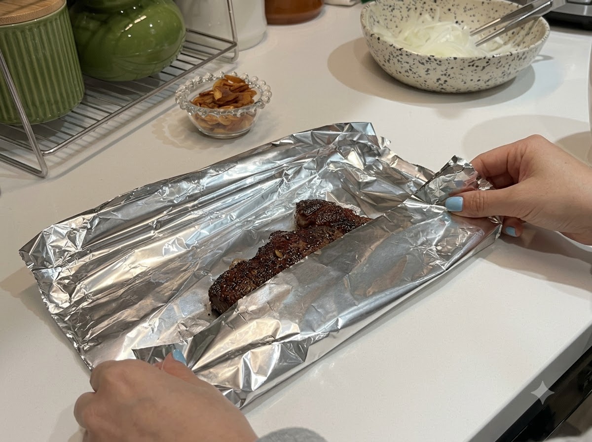 A seared steak being wrapped inside aluminum foil on a kitchen counter.