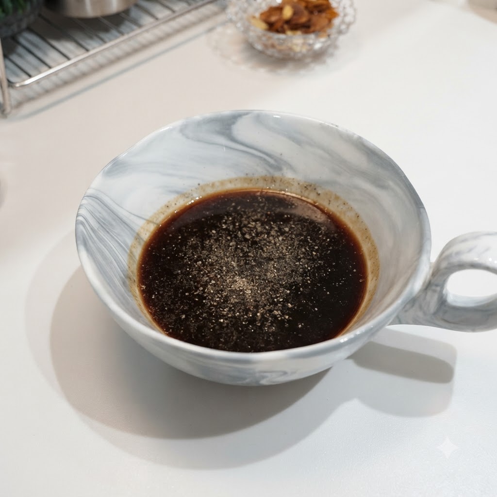 Soy sauce and seasonings mixed in a marble bowl.
