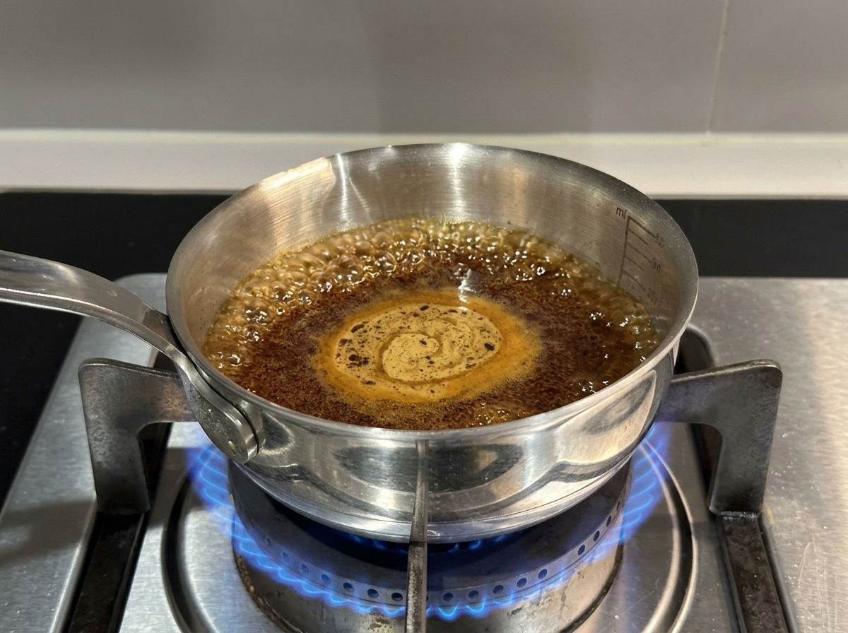Teriyaki sauce boiling and thickening in a saucepan.