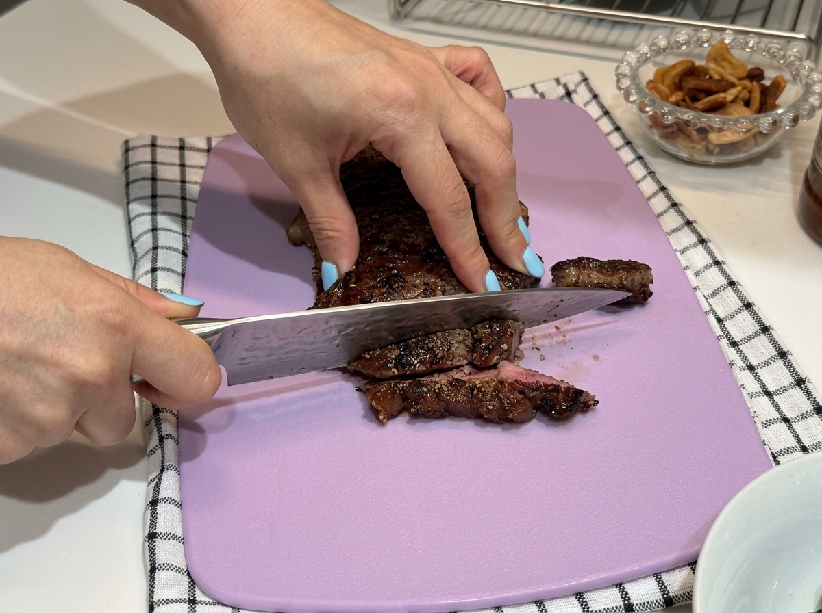 Steak being sliced on a purple cutting board.