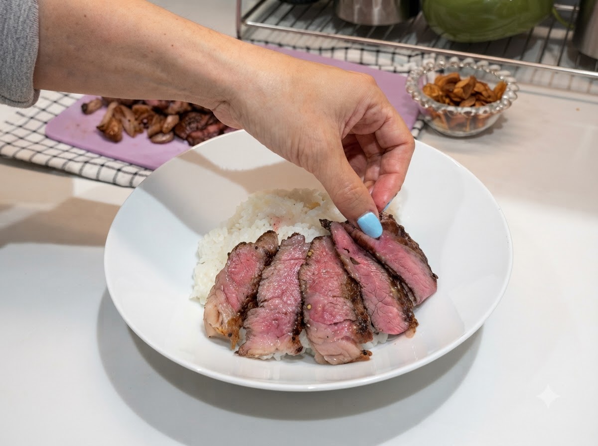 Sliced steak arranged neatly over white rice in a bowl.