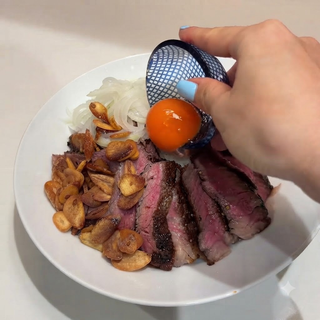A hand holding a small dark container, pouring a vibrant orange raw egg yolk into the center of a steak and rice bowl.