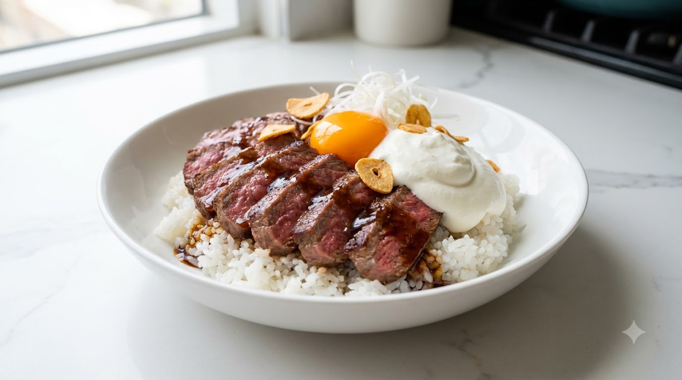 Shibuya Steak Rice Bowl with Whipped Cream and Teriyaki Sauce