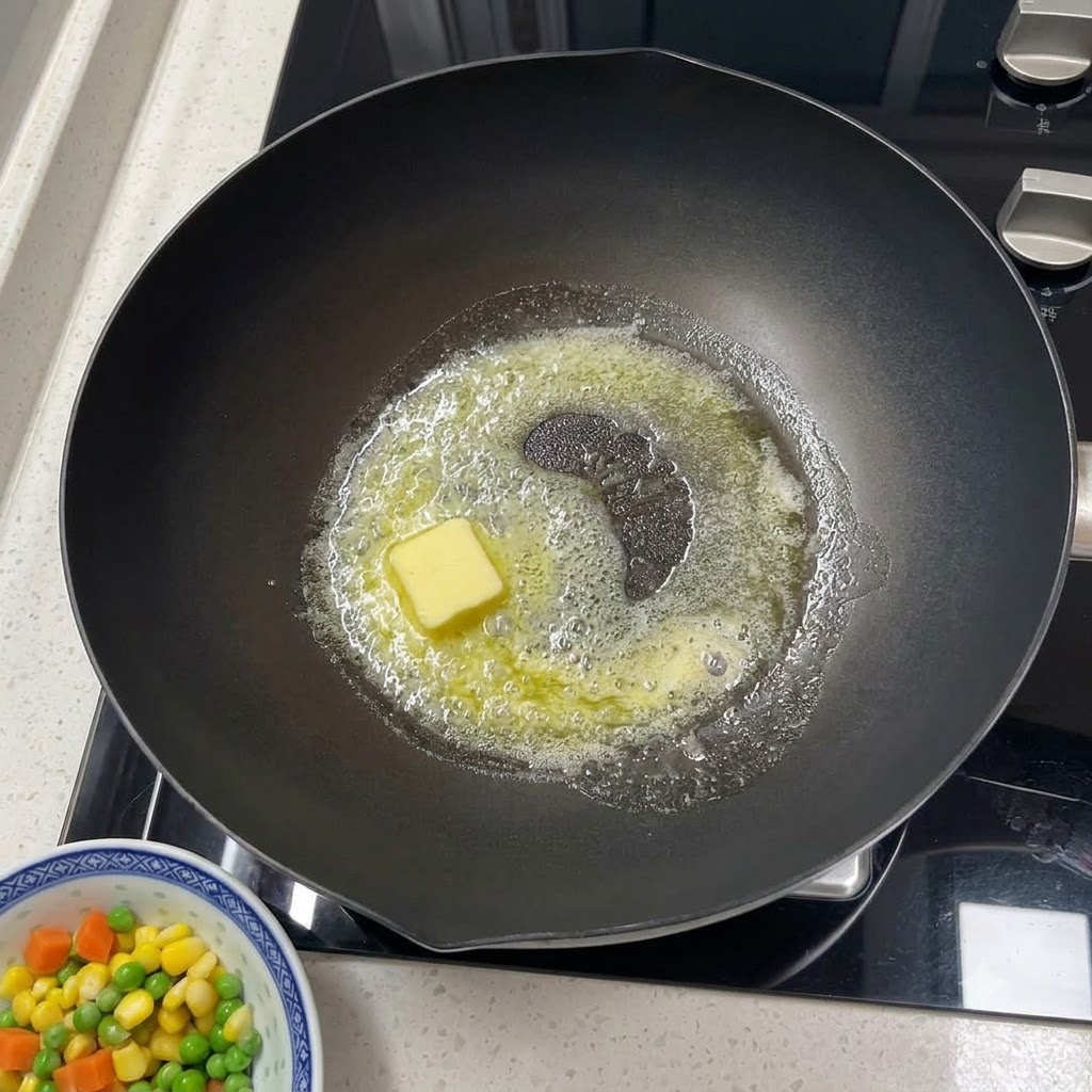 Butter melting in a hot pan and being spread with a wooden spatula.