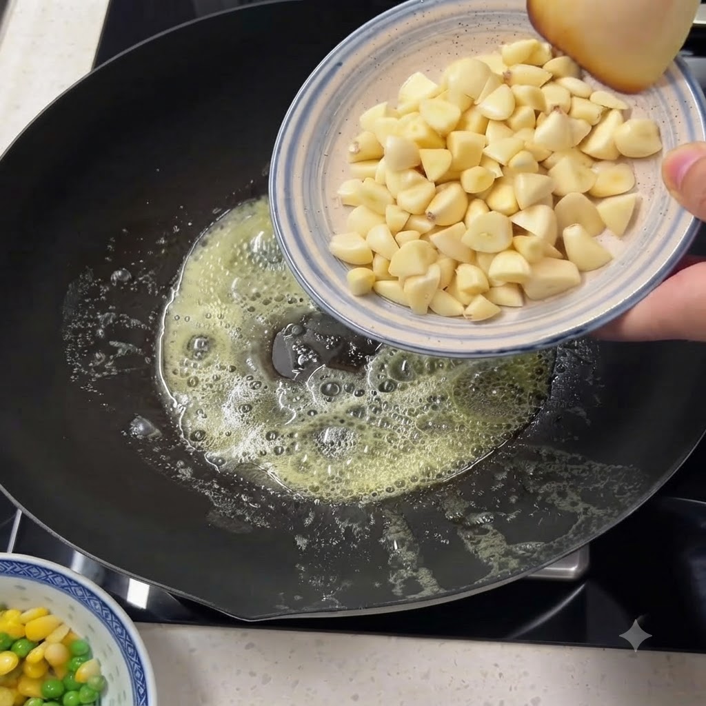Chopped garlic cloves being poured from a small bowl into melted butter in a pan.