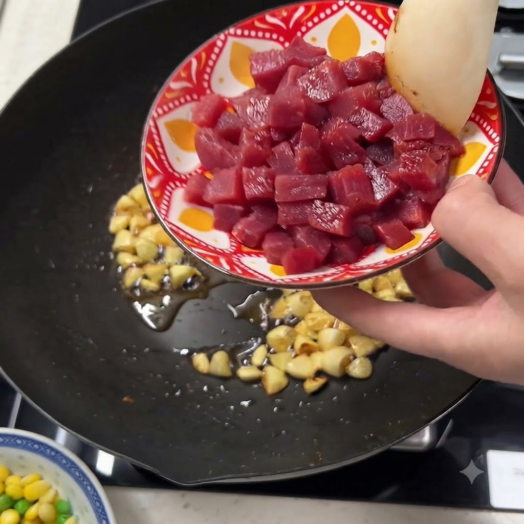 Marinated red beef cubes being added into a pan containing sautéed garlic.