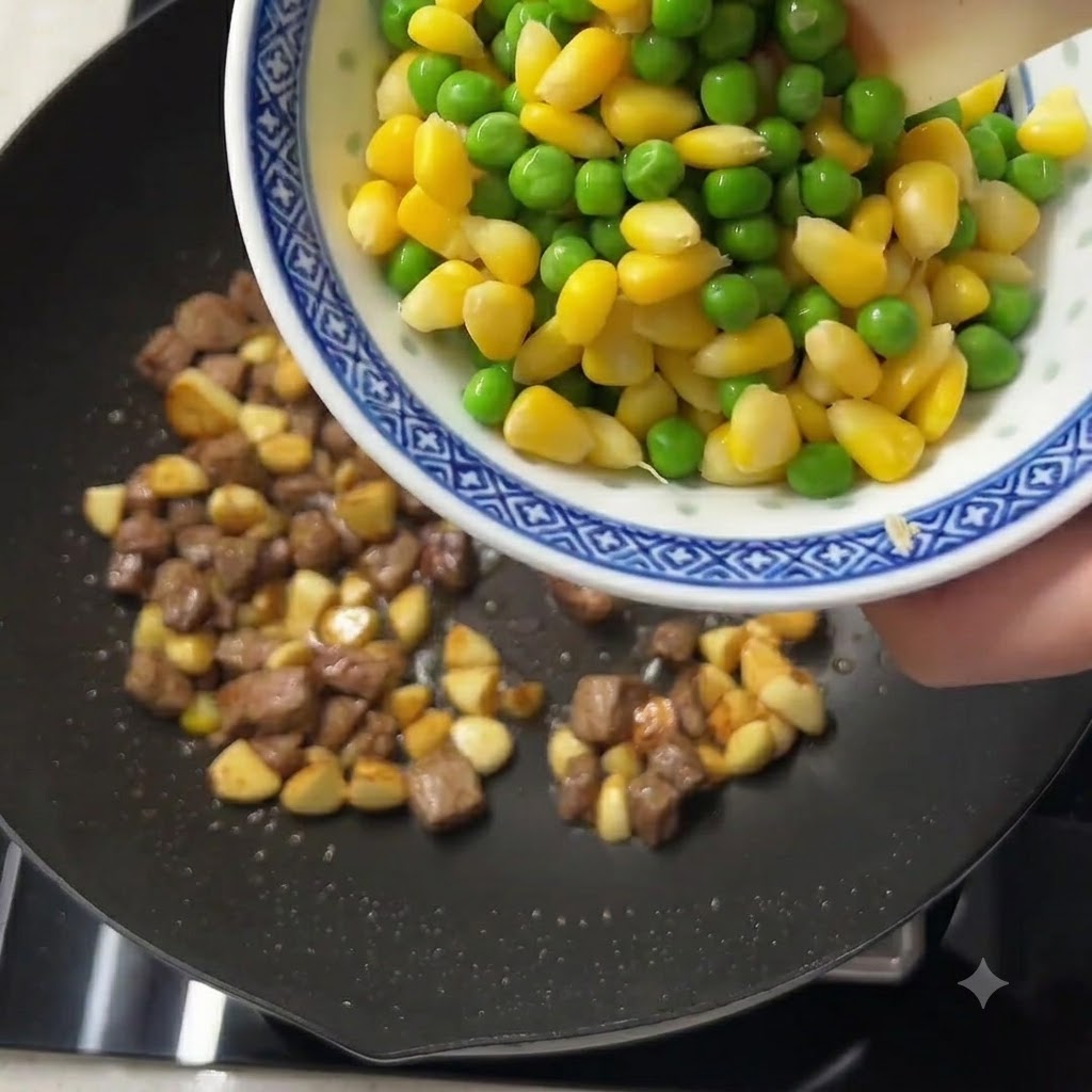 Green peas and yellow corn kernels being poured from a patterned bowl into a pan with cooked beef and garlic.