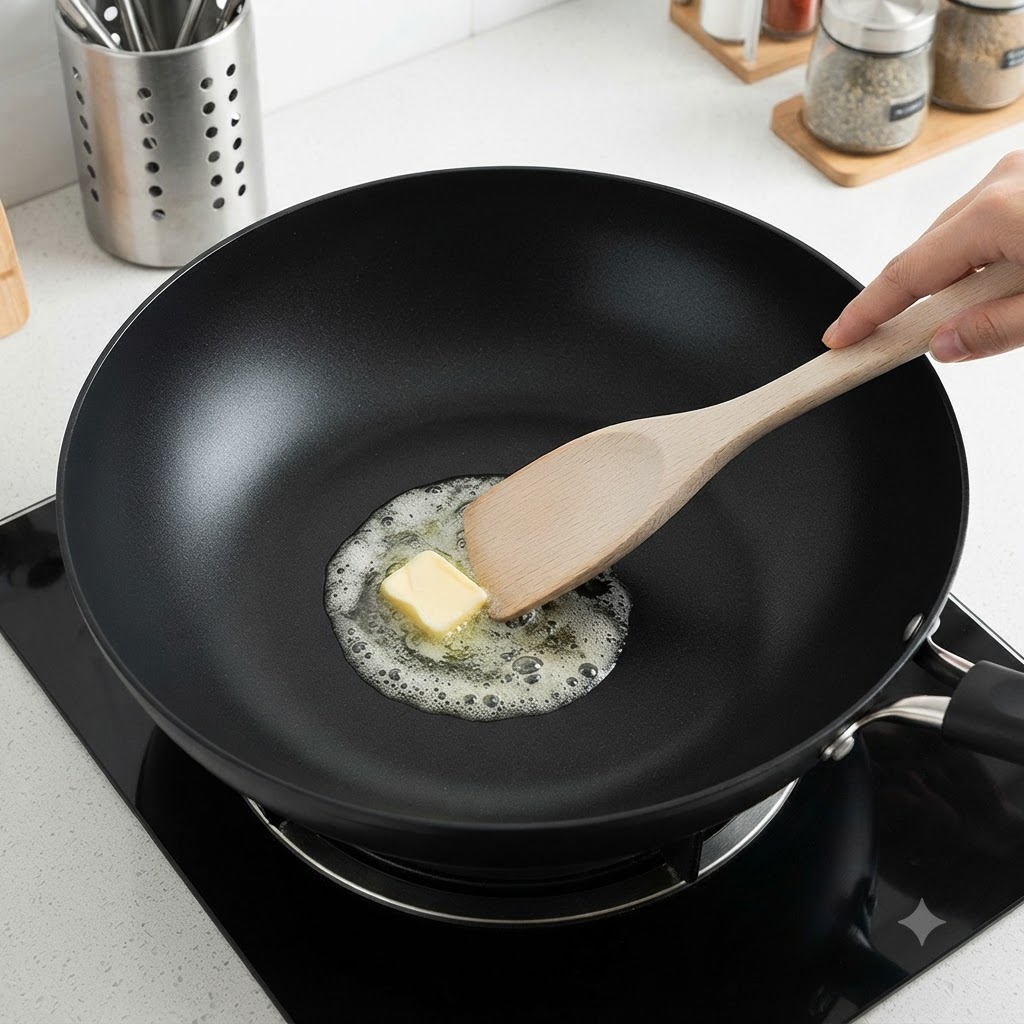 Leftover white rice being added into a wok with melted bubbling butter and stirred with a wooden spatula.