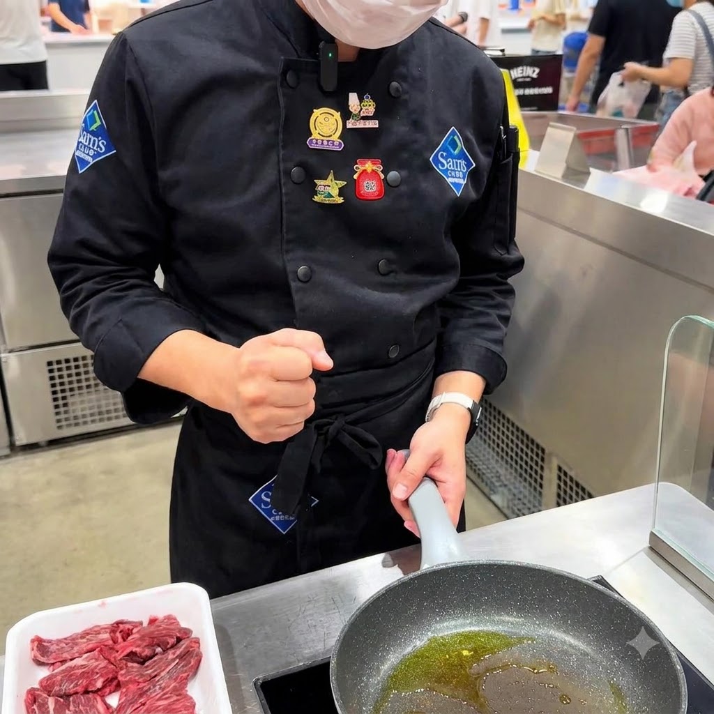 Raw skirt steak pieces being added into an oiled and heated frying pan.
