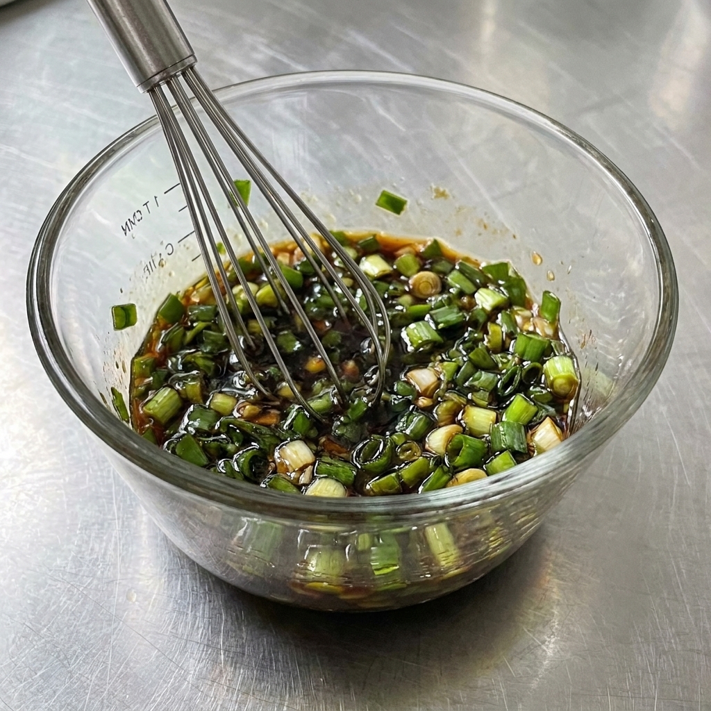 Garlic and scallion sauce cooking inside a hot frying pan.