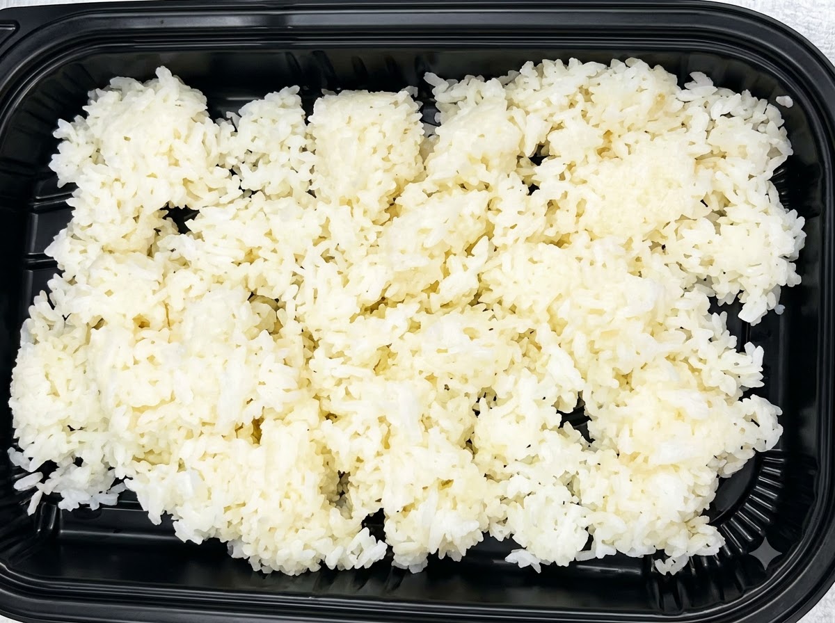 Spoon pouring garlic sauce over a bed of white rice in a black container.
