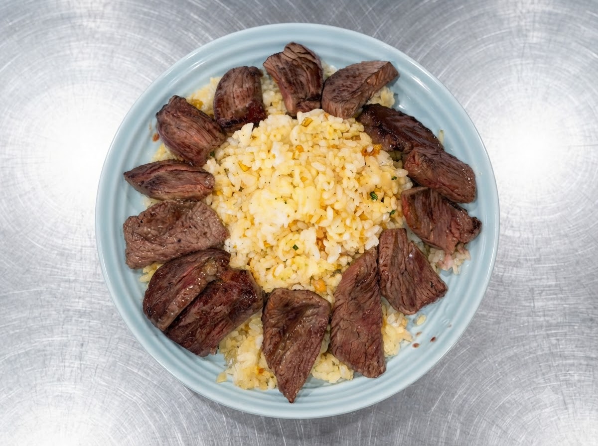 A cooked fried egg being placed on top of the steak and rice assembly using a spatula
