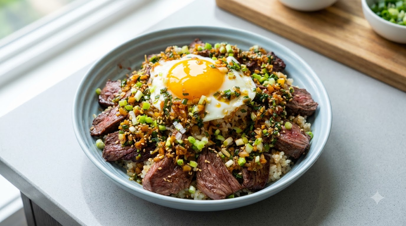 A garlic steak rice bowl topped with seared skirt steak, scallion garlic sauce, a fried egg, and toasted sesame seeds