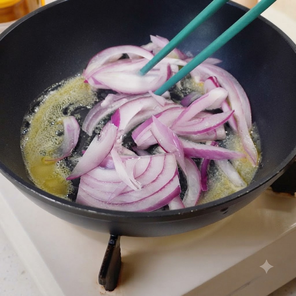 Red onion slices cooking in bubbling melted butter inside a black skillet.