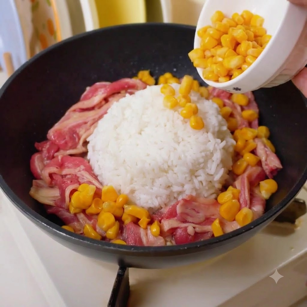 Yellow corn kernels being poured from a small bowl around the beef and rice.
