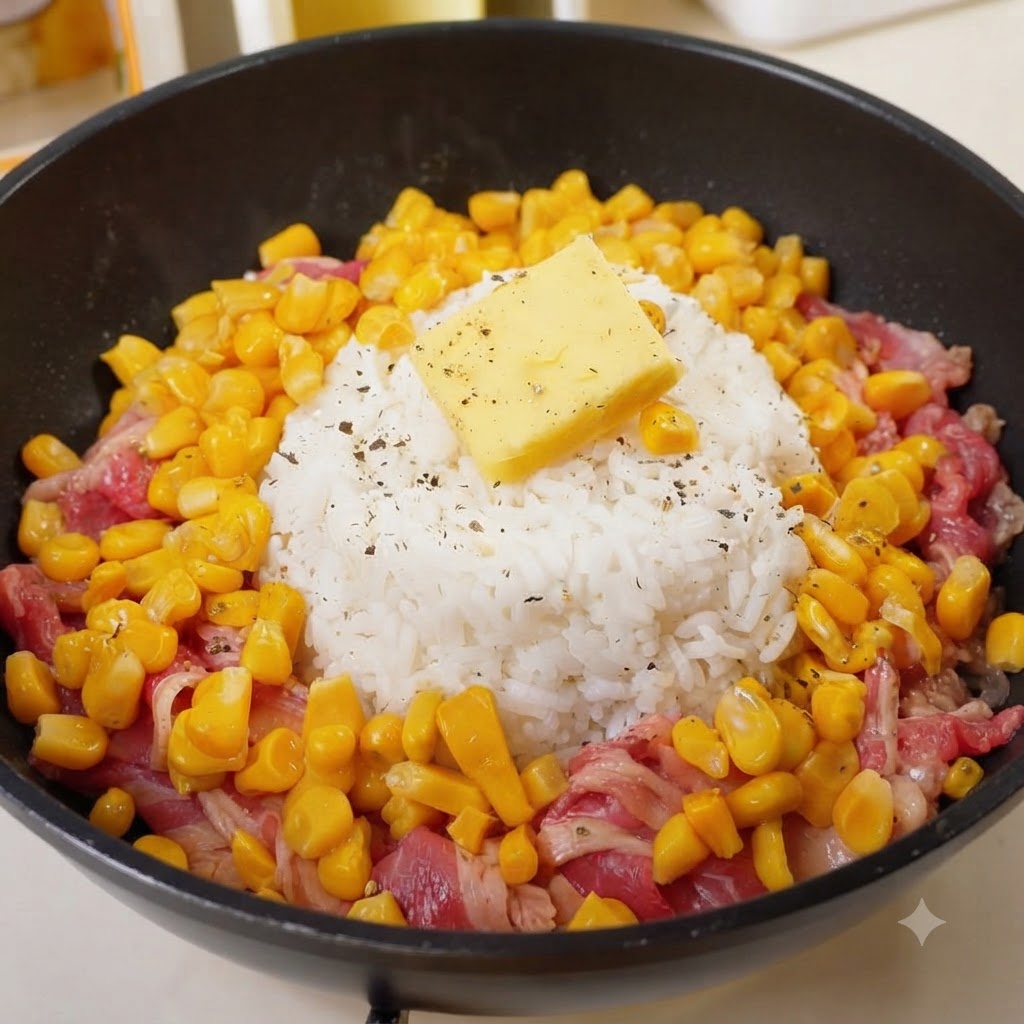 A pat of butter and black pepper seasoning resting on top of the white rice dome.
