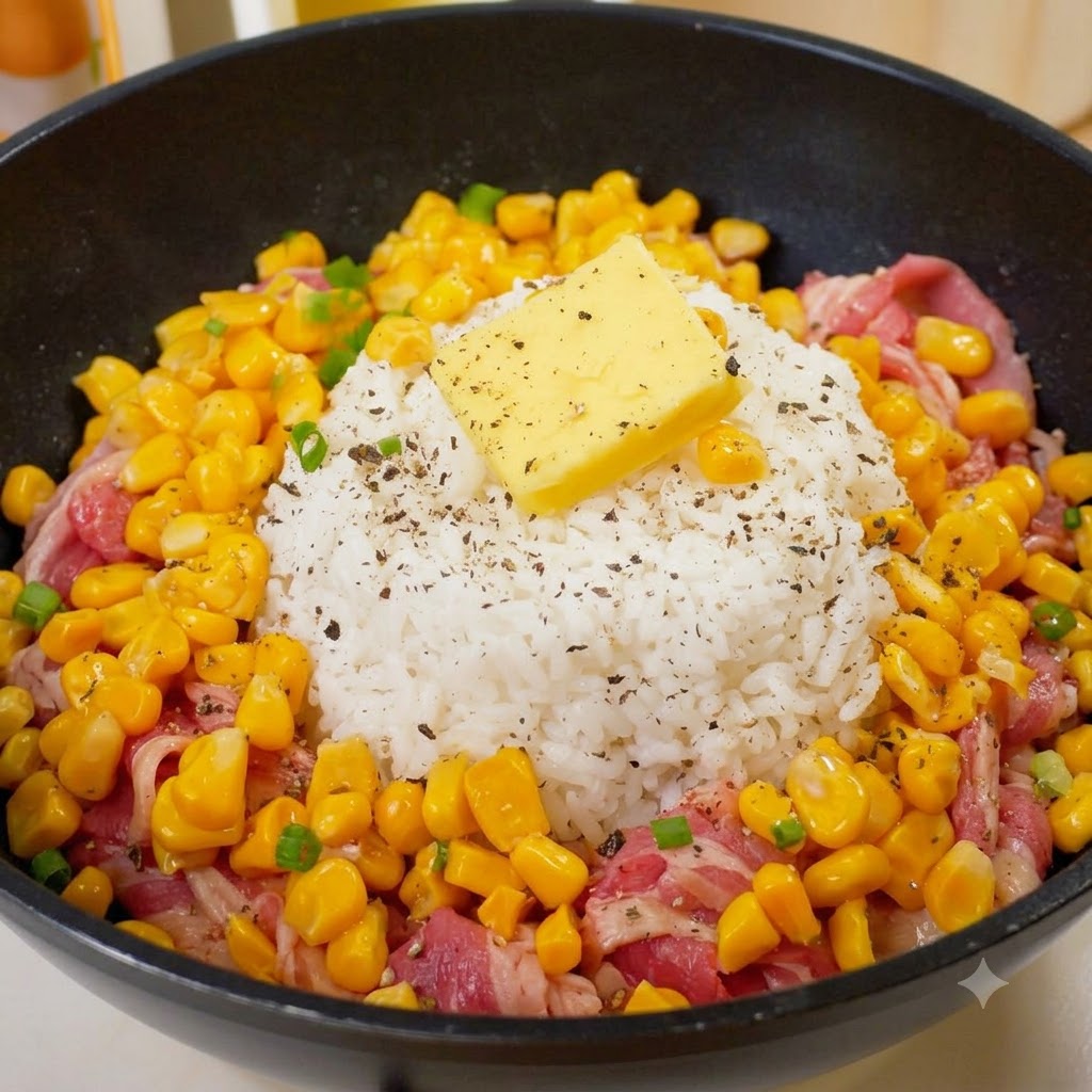 Chopped green onions sprinkled on top of the mound of rice, butter, and raw beef slices in the pan.