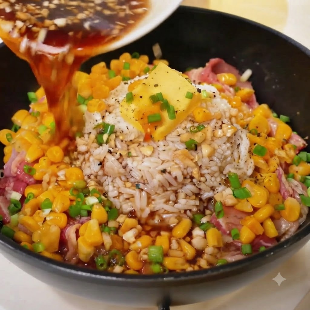 Dark sauce being poured from a white dish onto the rice, butter, corn, and beef in the black skillet.