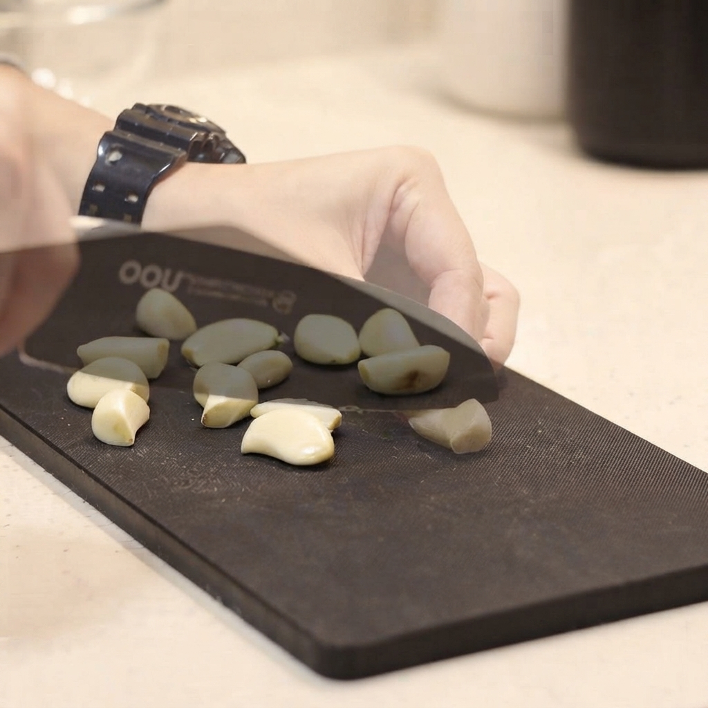 A person using a kitchen knife to cut peeled garlic cloves in half on a black cutting board.