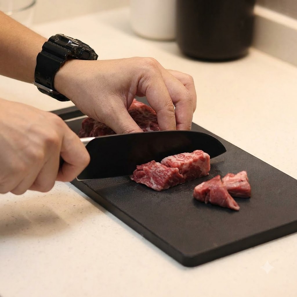 Hands using a large knife to slice a thick piece of raw steak into small cubes on a black cutting board.