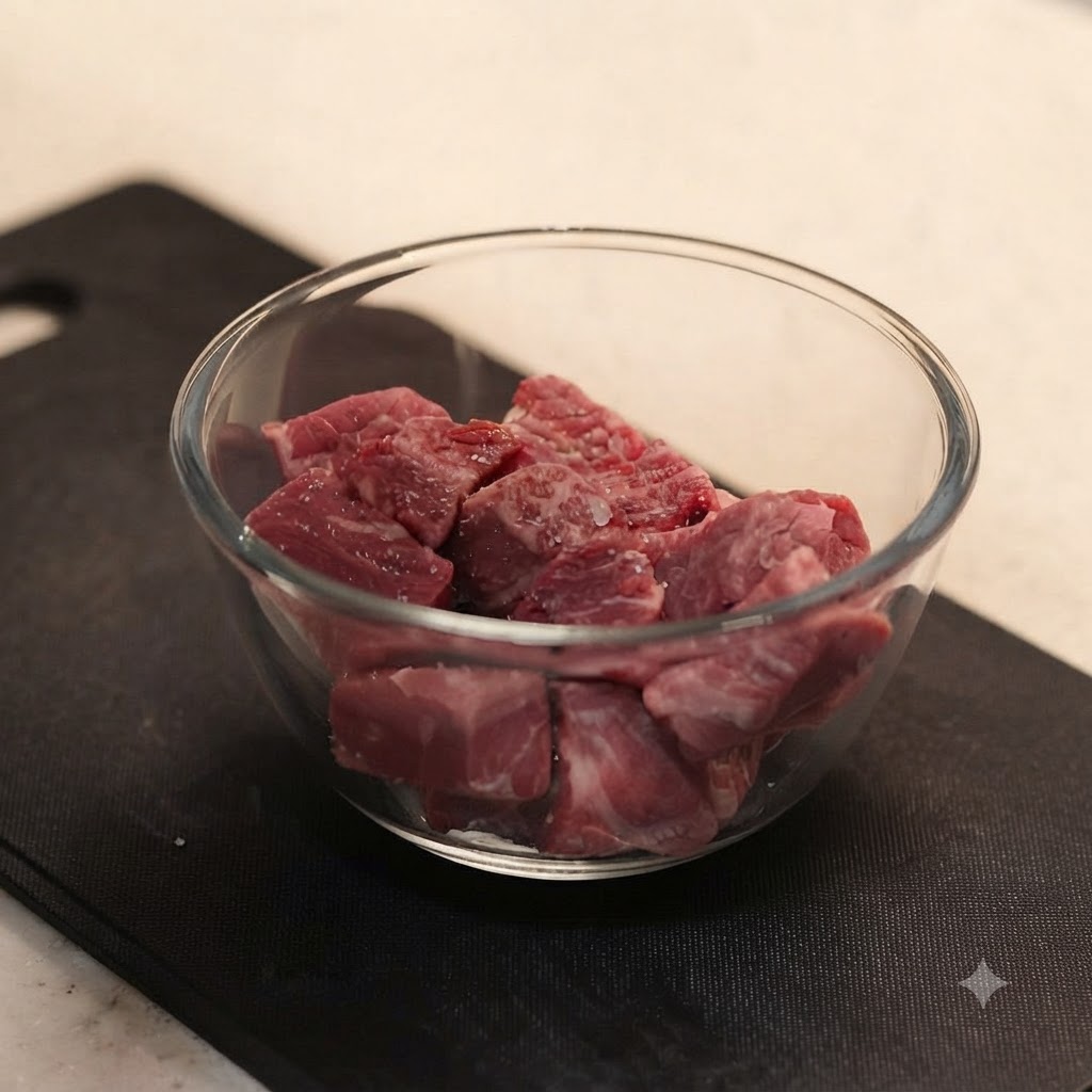 Raw, diced beef sitting in a small glass bowl, visibly seasoned with coarse sea salt.