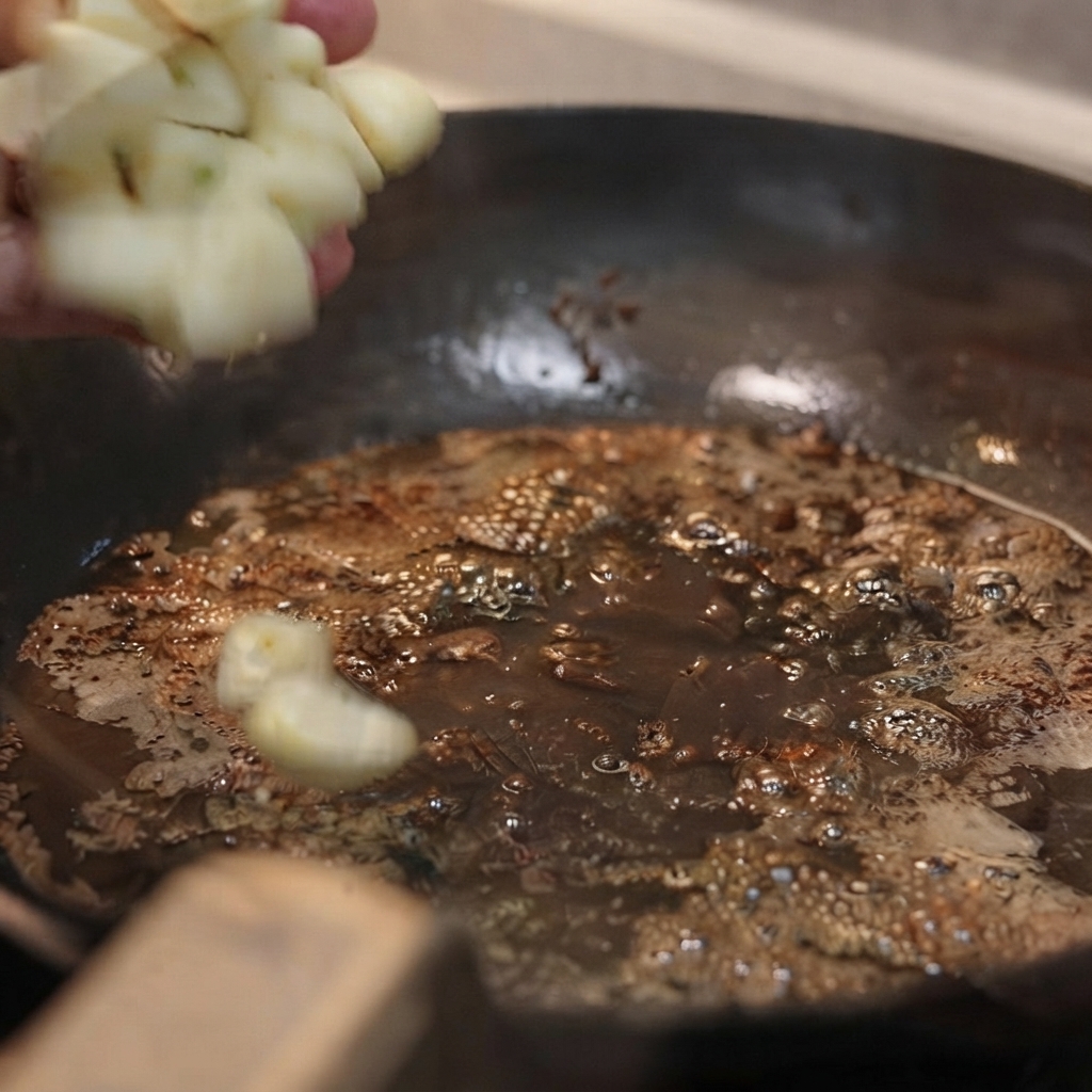 Garlic cloves being stir-fried in a hot pan with leftover butter and juices.