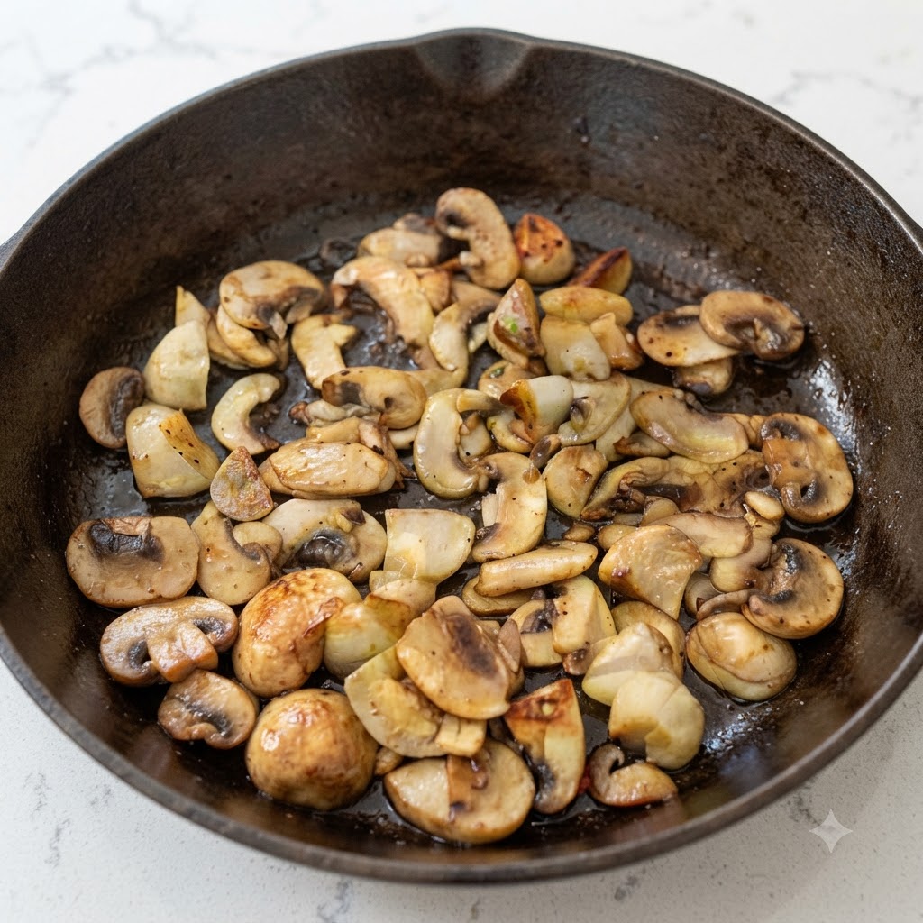 Diced beef cubes mixed with sautéed mushrooms and garlic sizzling together inside a cast-iron skillet.