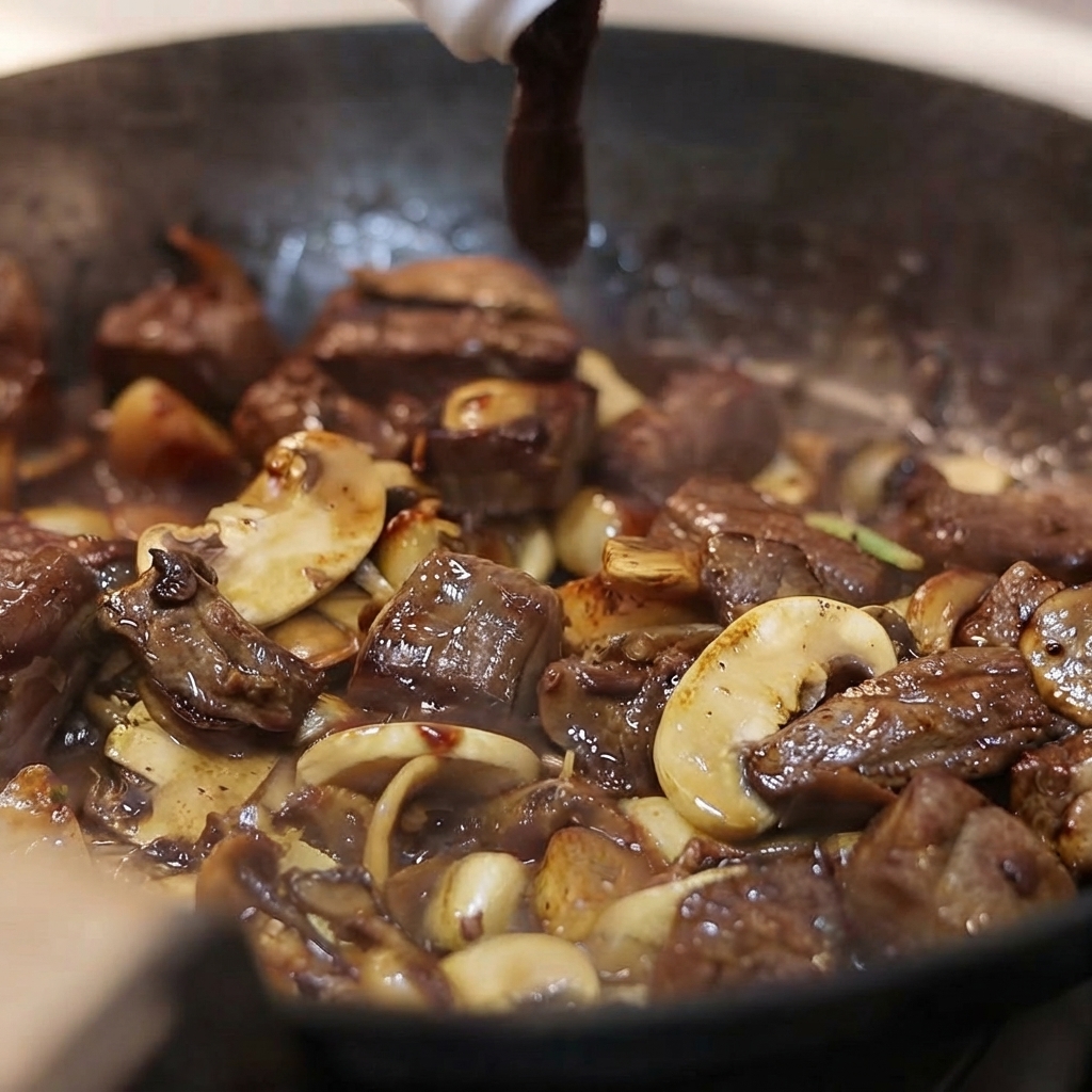 Dark black pepper sauce being poured from a bottle into a skillet filled with stir-fried beef, mushrooms, and garlic.