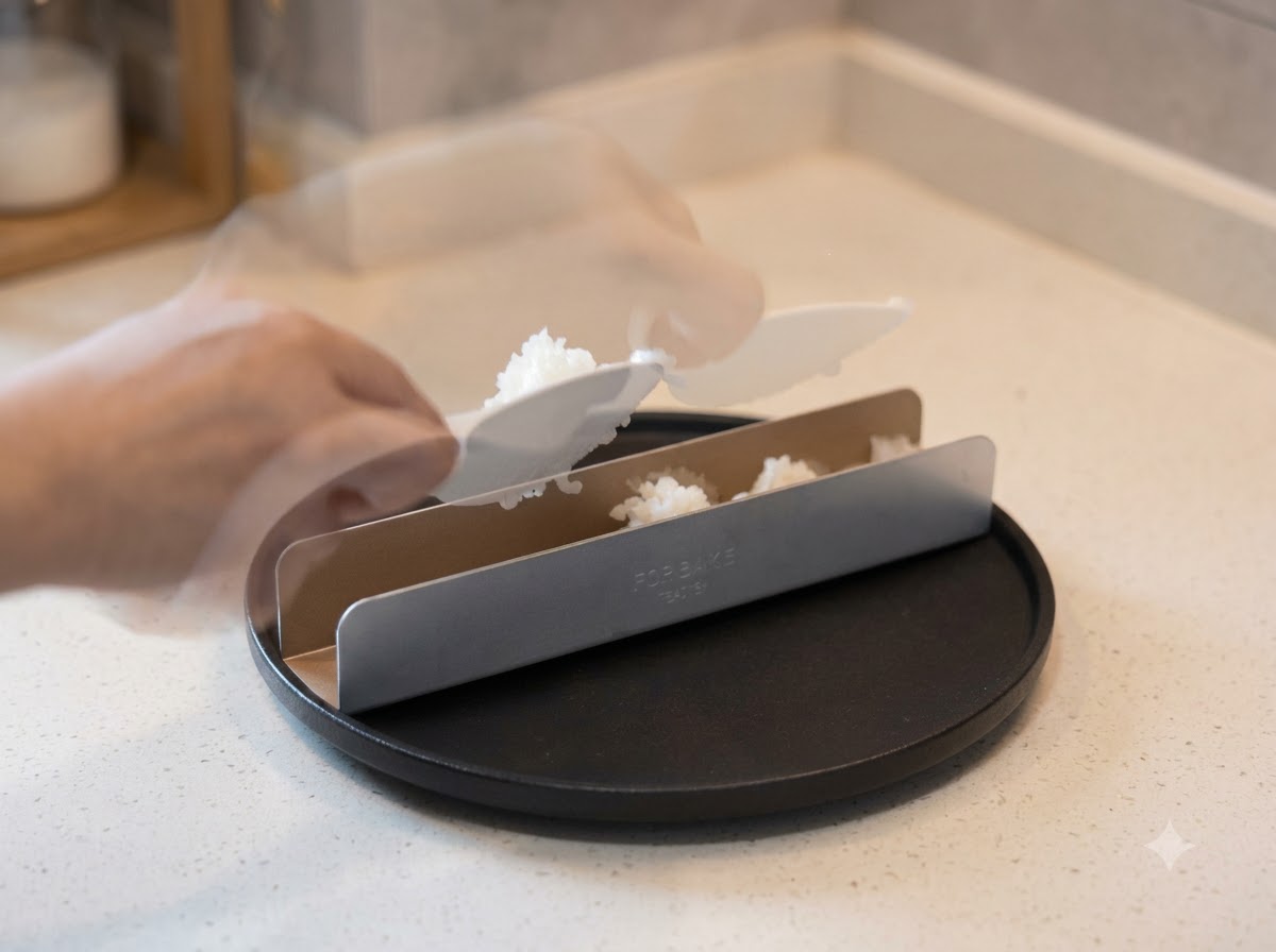 White rice being pressed into a metal shaping mold set on a black serving plate.