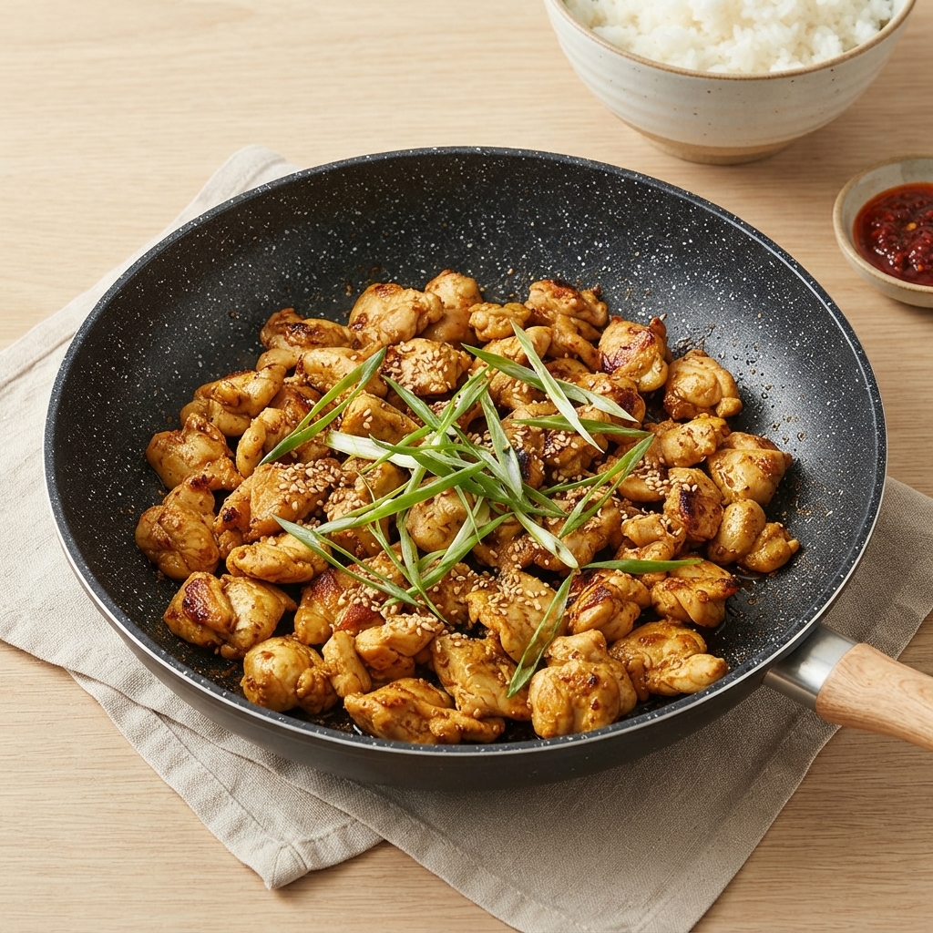 Stir fried chicken pieces mixed with kimchi inside a dark non stick frying pan garnished with sliced green onions and sesame seeds.
