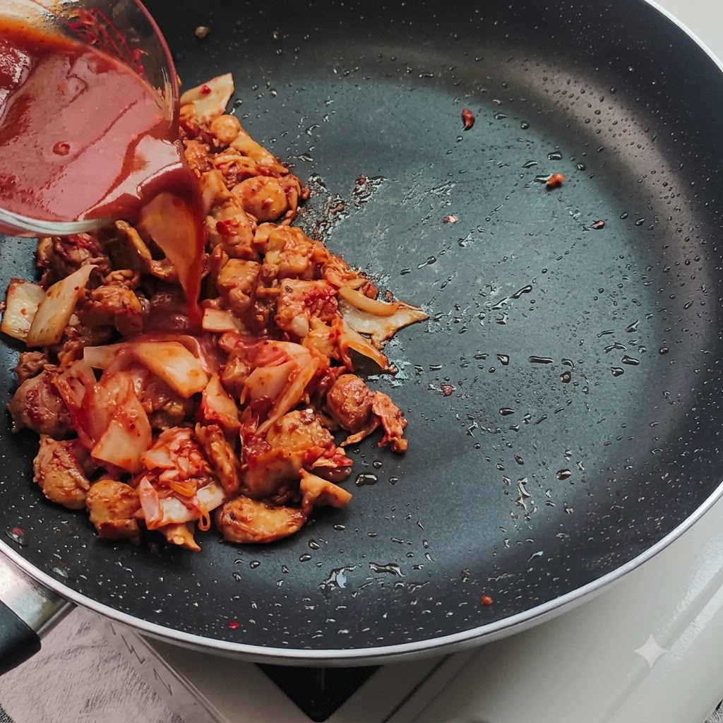 Red sauce being poured from a glass measuring cup into a pan containing chicken and chopped kimchi.