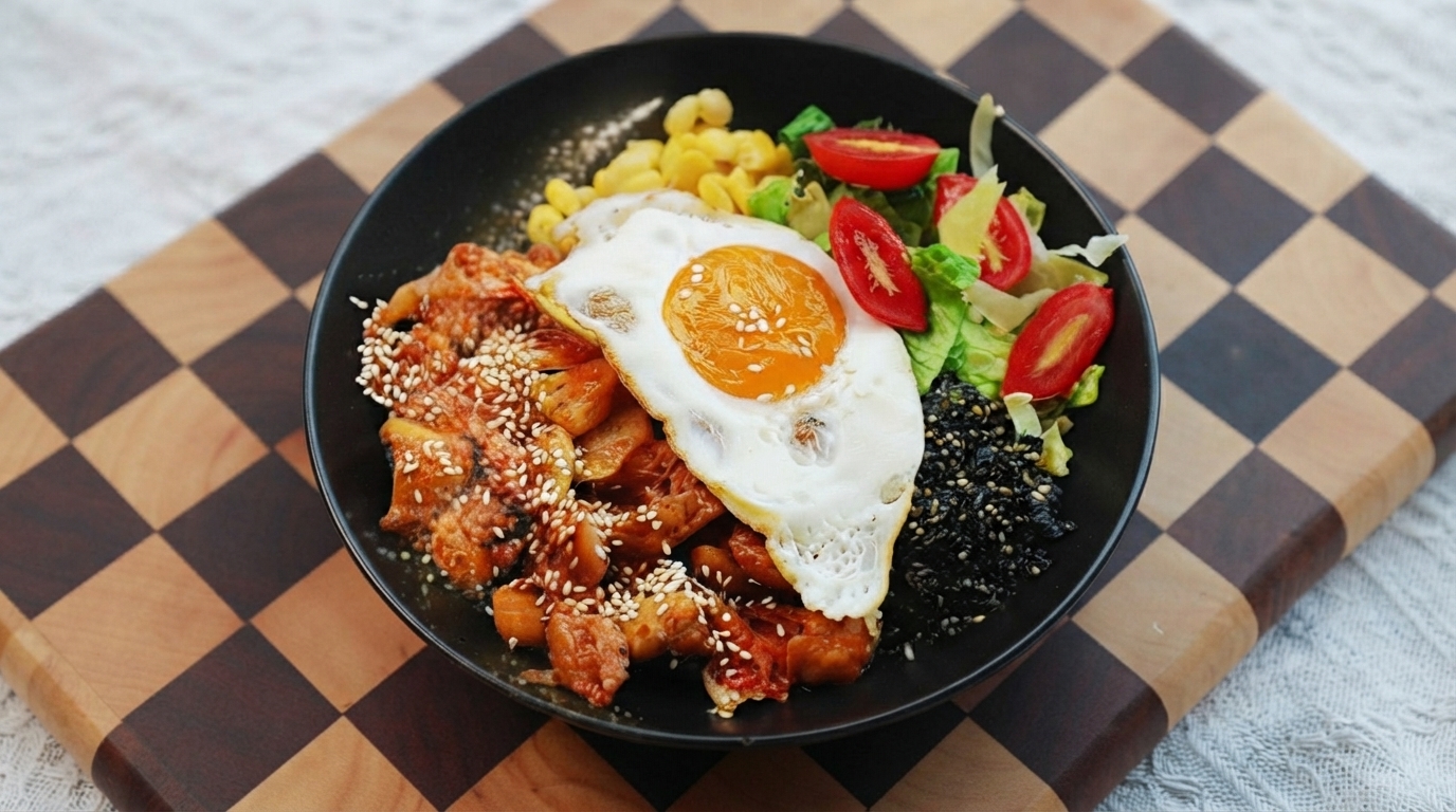 A colorful bowl of Korean kimchi chicken diced bibimbap with savory chicken, kimchi, fresh vegetables, seaweed flakes, and a fried egg.