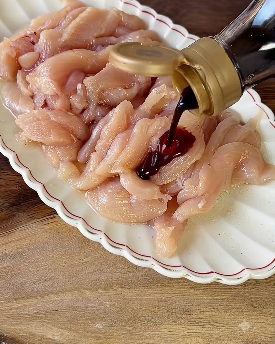 Dark soy sauce being poured from a bottle onto raw chicken breast strips on a white scalloped plate.